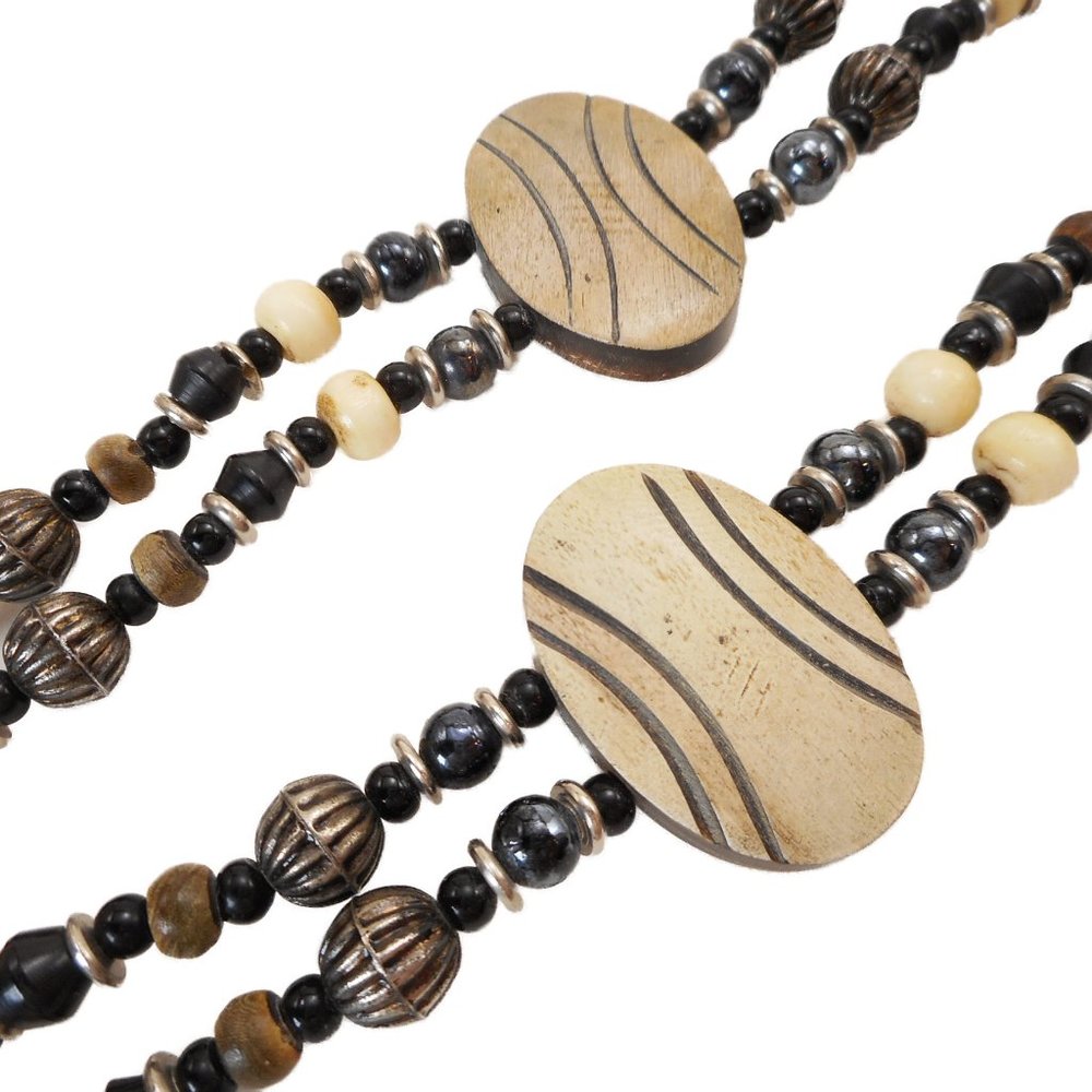 Chain Belt Oval Beads with Hook Closure Black Beige Silver Tone Metal